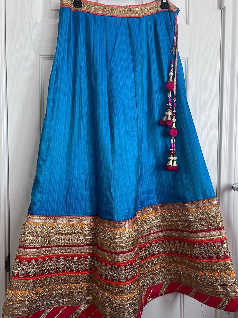 Bright Blue Embroidered Anarkali Skirt with Gold Trim